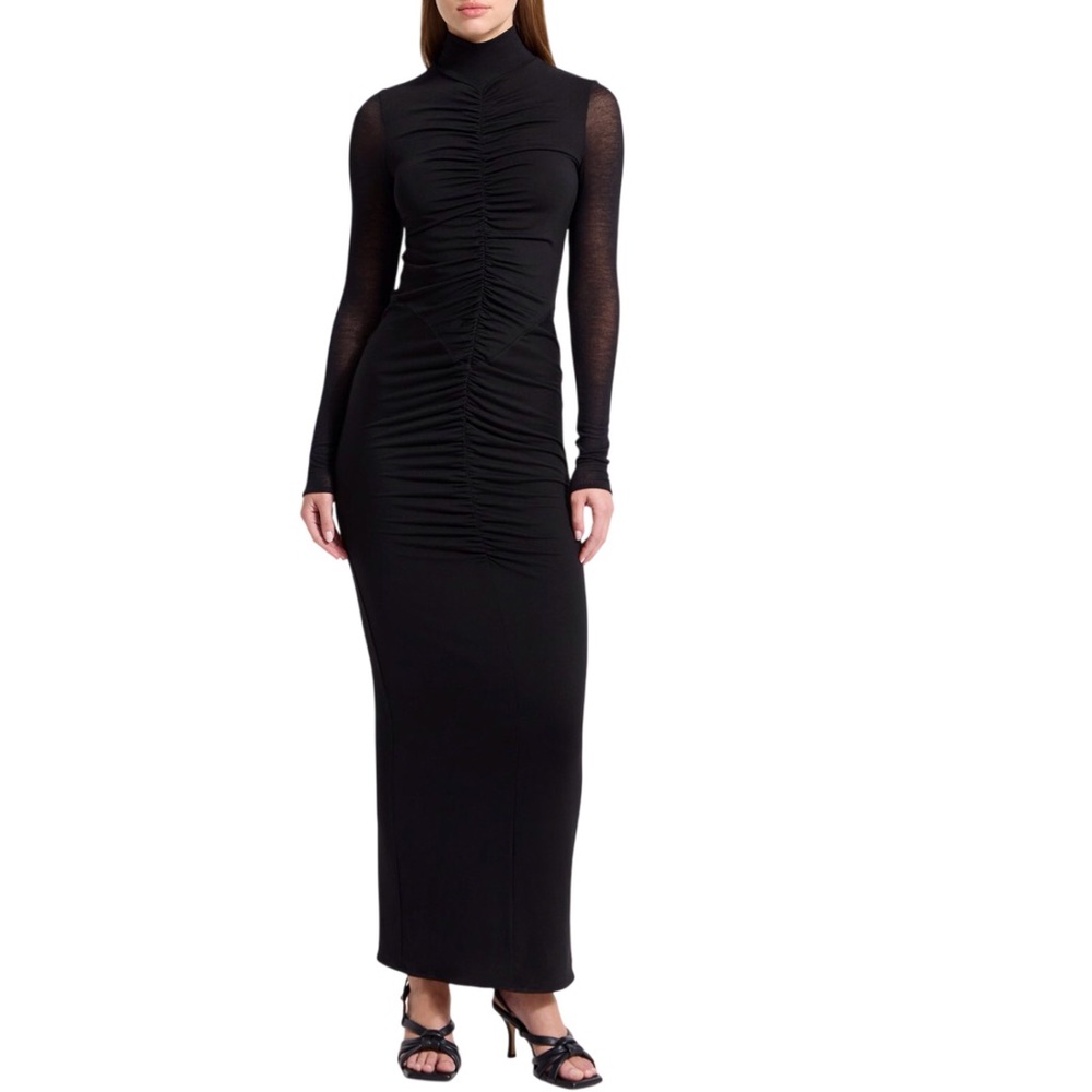 Marcella Athena Dress European Jersey Ruched Maxi Black Semi Sheer Sleeves Small